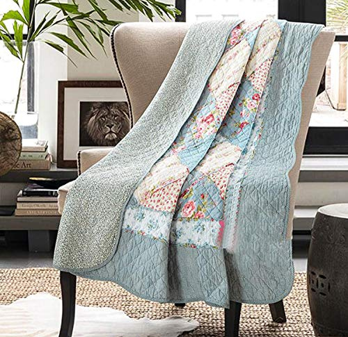Cozyholy Original 100% Cotton Quilt Twin Size Blue Floral Patchwork Quilted Throw Blanket, Reversible Bedspread Coverlet Vintage Shabby Chic Bedding Quilt for Bed Couch Sofa