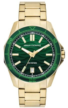 Armani Exchange Orologio per uomo, Movimento al quarzo con data a tre lancette e cassa da 44 mm con cinturino in acciaio o silicone, Tono oro e verde