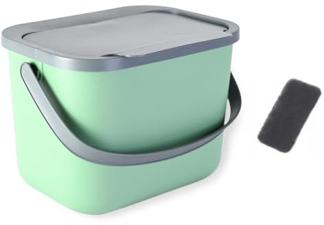 Go Practic Poubelle de Cuisine Bio 6 l +Filtre, Bac à Compost Bio-déchets, Composteur Cuisine Anti-odeurs, avec Couvercle, Plastique Corbeille pour déchets organiques de Fruits et légumes Vert/Gris