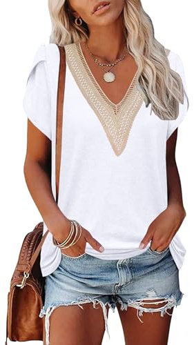 PLOKNRD Femme T-Shirt Dentelle Col en V Manches Courtes D'été Blouse Chic Tops Elégant Chemisiers à La Mode