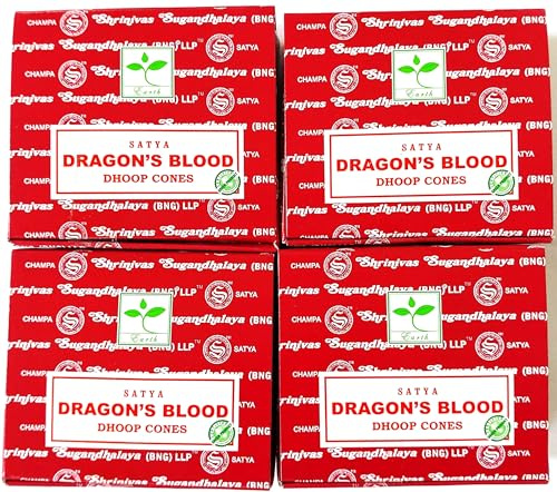Satya Nag Champa Incense Cones, Dragons Blood Scent, 4 Packs of 12 Cones in each pack (4, Dragons Blood)