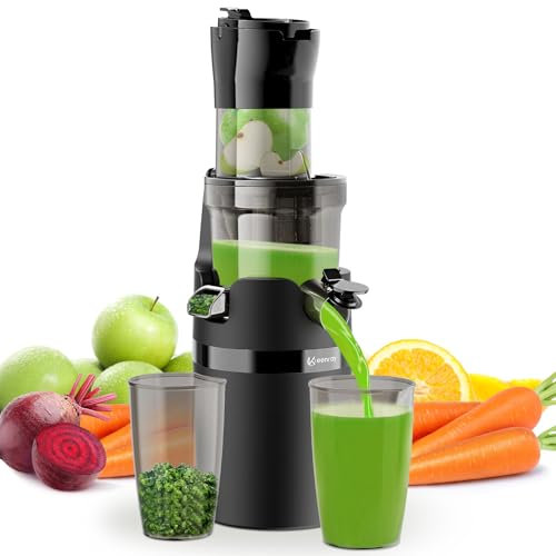 Entsafter Gemüse und Obst, Entsafter Slow Juicer für ganze Früchte, elektrische Fruchtpresse mit Breiter Mund 80mm Fütterungsschacht, Rückwärts-Kau-Funktion, BPA-Frei, Schwarz