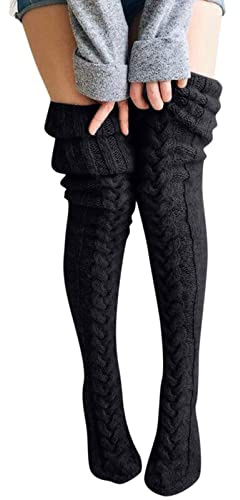 Chaussettes Montantes Femme Laine Tricot Chaud Câble Cuisse High Long Stockings Over Knee Socks Haute Moelleuses Automne Hiver Mode Longue Bottes Chaussettes Collants Couleur Unie Filles Cadeau