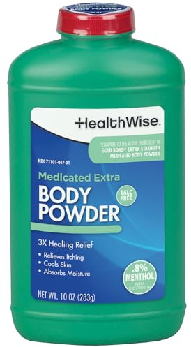 HealthWise Medicated Extra Strength Body Powder | .8% Menthol | Talc Free | Anti-Itch Healing Relief | Cools Skin | Absorbs Moisture | 10 oz (283g)