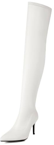 Roimaash Fashion Stretch Boots Overknee Go go Boots Stiletto Heels Elastic Thigh High Boots Pointed Toe Block Heels Evening Cheerleader Boots Long Boots Zipper White Plus Size 47