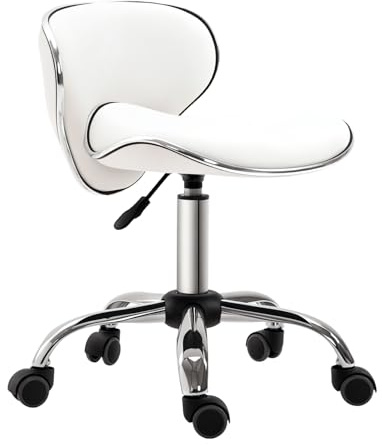 HOMCOM Tabouret à roulettes Tabouret de Travail avec Hauteur réglable 44-56 cm et Dossier, Tabouret de Bureau pivotant 360° pour Salon de Massage, Bureau, Clinique, Blanc