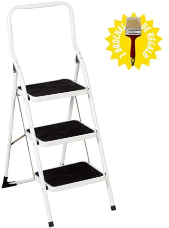 HR Hogar - Escalera Plegable de Acero 3 Peldaños Extra Anchos - Fabricado en Europa - 2 Brochas de Regalo | Seguridad Mejorada, Antideslizante, Robusta, Fácil Almacenamiento