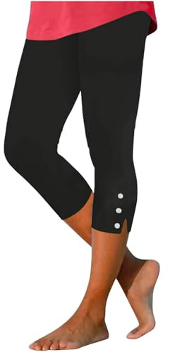 Women 3/4 Length Leggings, Ladies Elastic High Waist Cropped Capri Trousers Plain Three Quarter Pants Stretch Slim Fit Bottoms Summer Pedal Pusher Tummy Control Sweatpants for Workout Gym Yoga