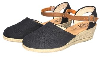 COZSERIES - Sandalias Mujer Alpargatas Cuña Yute Punta Cerrada y Cierre de Hebilla Calzado Cómodo y Versátil Moda Casual (Negro, Sistema Tallas Calzado EU, Adulto, Mujer, Números, Mediano, 39)