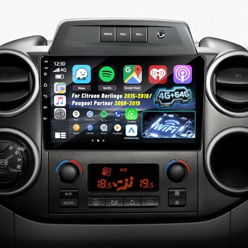 4G+64G Android Autoradio per Citroen Berlingo 2015-2018/Peugeot Partner 2008-2019 con Wireless Carplay & Android Auto, Schermo Touch 9 pollici con GPS, WiFi, 32EQ, Bluetooth 5.0, Radio FM/RDS