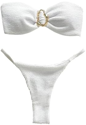 SHENHE Women's Strapless Brazilian Thong Bikini Set Metal Ring 2 Piece Bandeau Tube Swimsuits White A Medium