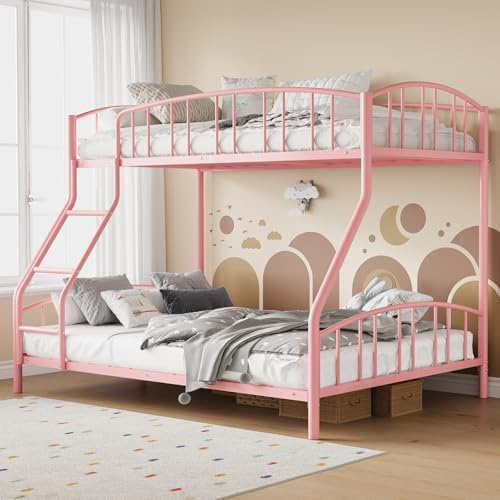 Garvee Bunk Bed Twin Over Full with Ladder and Arched Guardrail, Heavy Duty Bunkbeds Frame with Sturdy Steel Slats Support for Kids Boys Girls, Space-Saving, No Box Spring Needed, Pink