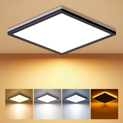 BLNAN LED Ceiling Light, 24W Light Fittings Ceilings with Night Light, Warm Neutral Cold White 3000K/4000K/5000K, 2400LM Waterproof Square Flush Ceiling Lights for Kitchen Bedroom Hallway, 30cm Black