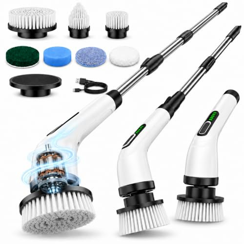 FYDEE Brosse de Nettoyage Électrique, 3000mAh, 7 Têtes, IPX7, Salle de Bain | Brosse Rotative sans Fil avec Autonomie 100 Min, Inox 24-127 cm, 2 Vitesses 380/300 RPM, USB-C, pour Cuisine, Sols & Maison