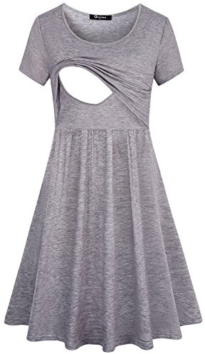 Quinee Clothes for Nursing,Womens Round Neck Short Sleeve Fashion Front Pleated Lovely Maternity Dress for Breast Feeding Casual Cotton Swing Layering Contrast Color Cute Postpartum Outfit Grey L