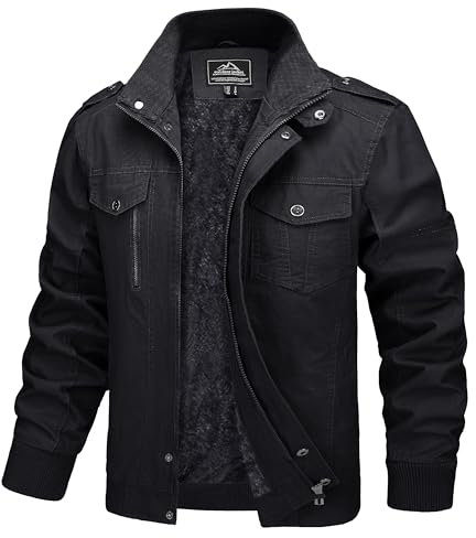 MAGCOMSEN Herren Winterjacke US Militär Jacke Dick Baumwolljacke Atmungsaktiv Windjacke Herren Fleece Übergangsjacke Outdoor Jacke mit Innentasche Schwarz 2XL
