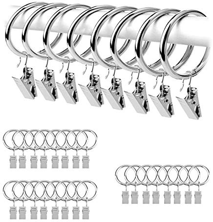 Silvergardinstång ringklämmor, 24-pack rostfri metalldraperiring med krok/hängare klämmor med öljetter för att hålla tunga gardiner, stångset och draperier (38 mm)