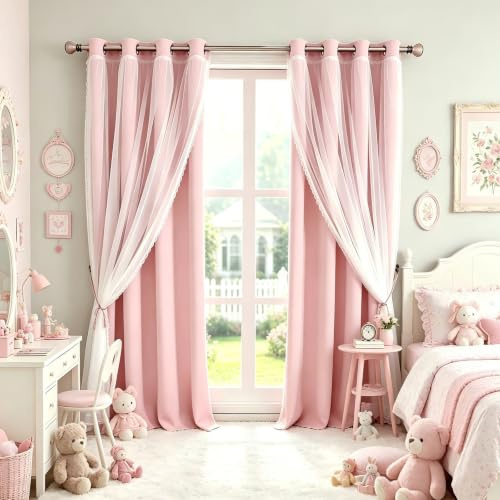 SOFJAGETQ Tende oscuranti rosa 213,4 cm di lunghezza, a doppio strato, per camera da letto dei bambini, soggiorno, cameretta dei bambini, orlo in pizzo rosa, 2 pezzi