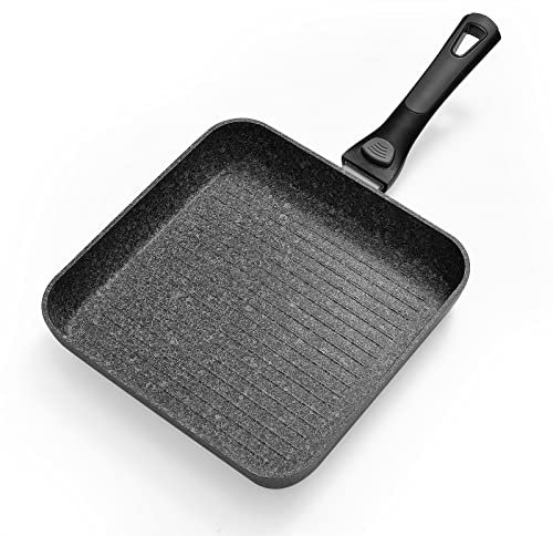 Rainberg 26cm Grill Pan with Detachable Handle, Granite Grill Pan Non-Stick Coating, Griddle Pan, Induction Compatible, Also can be Used in The Oven.