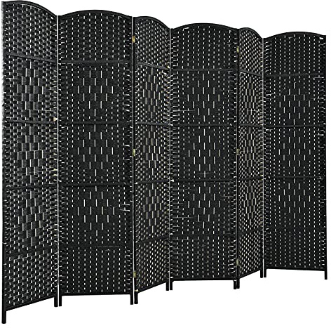 COSTWAY 6 Panel Folding Room Divider, Hand-Woven Wicker Freestanding Wall Privacy Screen Protector, Solid Wood Frame Paravent Partition Separator for Living Room, Bedroom and Office, 271x180cm (Black)
