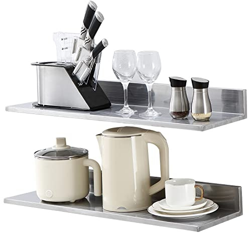 VEVOR Mensola da Parete a Forma di L 2 Pezzi Acciaio Inox 762 x 218 x 85mm Scaffale Murale per Cucina Capacità Carico Max. 20kg, Mensola da Parete Portaoggetti Portaspezie in Acciaio Inox per Cucina