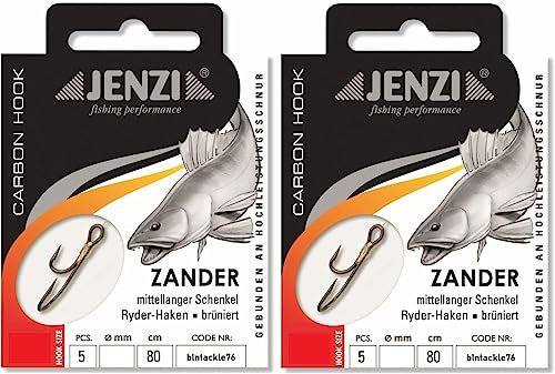 Set: 2 Packungen JENZI gebundene Zanderhaken Ryder-Haken (10 Stück) Mono,80cm Zander Vorfach montiert Hakengröße, 2, 4, 6, 8 + gratis Petri Heill! Aufkleber (Hakengröße 2)