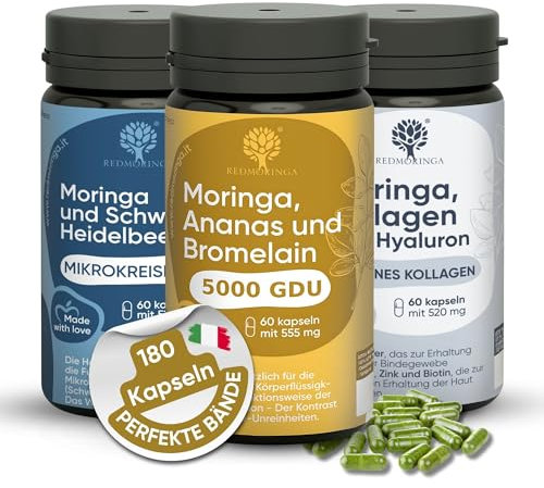 Trattamento Gambe Perfette RedMoringa - Bundle Integratore Ananas e Bromelina 5000GDU | Integratore Mirtillo Nero | Integratore Collagene e Moringa BIO (180 Caps. Drenante + Microcircolo + Collagene)