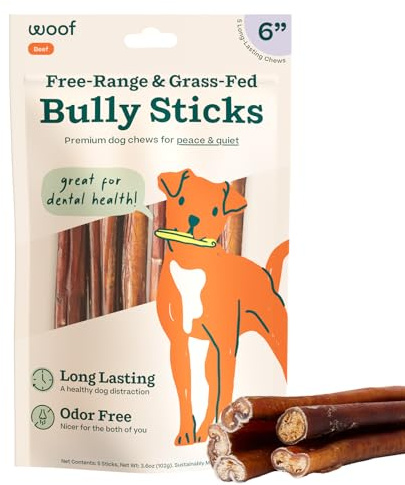 WOOF Bully Sticks Dog Treats - Chew Sticks for Dogs - Long-Lasting Dog Chew Treats - Made with Free-Range, Grass-Fed Beef - 6 Sticks - 5pk