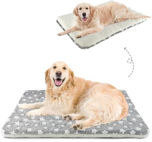 MORA PETS Large Dog Crate Bed 42 Inch Reversible Pet Mat for Large Dogs | Soft Fleece Pet Blanket Mat with Star Pattern, Washable Dog Bedding for Crates and Indoor Sleeping Areas, Grey 106x71cm