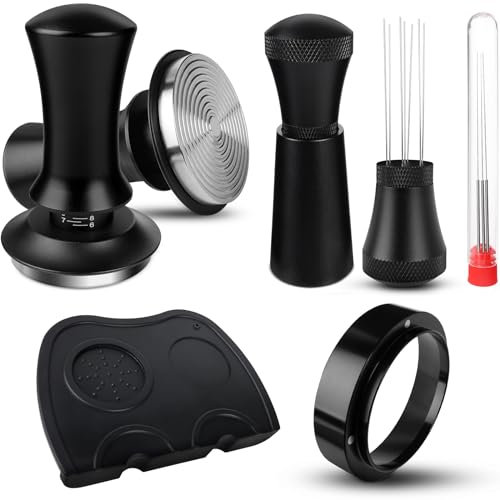 Kaffee Tamper 58mm Set, Aufgerüstet Espresso Tamper set inkl. WDT Tool, Dosierring 58mm, Tampermatte, Druckregulierender Tamper-Base Ripple aus Edelstahl mit 30lbs Anpressdruck für Barista, Schwarz