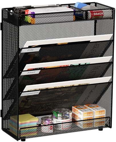 EasyPAG 5 Compartimentos Metal Malla A4 Soporte Archivador Pared Oficina Revistero Pared Organizador Documentos Cartas Pared Almacenamiento Correo Archivos,Negro