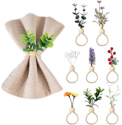 MWOOT 8 Stück Künstliche Blatt Blume Serviettenringe, Grün Boho Serviettenringe, Gefälschte Eukalyptus Beere Lavendel Serviettenschnalle für Hochzeit Weihnachten Ostern Party Tischdekoration