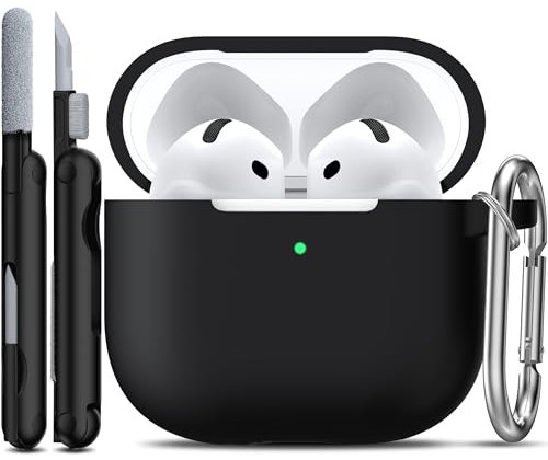 R-fun Custodia compatibile con Airpods 4th con kit di pulizia, custodia morbida in silicone con portachiavi, copertura protettiva completa compatibile con gli ultimi Airpods 4th di Apple,Nero