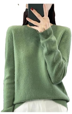Maglione da donna in lana merino a girocollo morbido invernale a maniche lunghe, Verde, M
