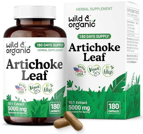Wild & Organic Artichoke Extract Capsules 500 mg - Liver & Digestive Support - Artichoke Supplement - Cynara Scolymus Leaf Powder - Vegan, No Fillers, Non-GMO - 180 Count