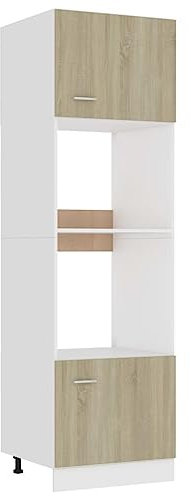 Armario para microondas de roble Sonoma, 60 x 57 x 207 cm, moderno, para cocina, construcción de madera duradera con estantes ajustables