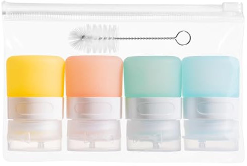 Set de 4 Botellas de Salsa Portátiles 30ml,Mini sauce container,Aceiteras de Silicona Antigoteo con Tapas,Dispensadores de Condimentos para Aceite,Ketchup, Miel,Picnic y Viaje,Con bolsa y cepillo