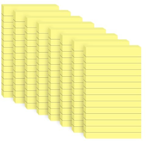 400 stycken självhäftande lappar 76 x 127 mm, ingen bläckblödning, hem/skolstart | 8-pack linjerade klisterlappar, lätt att skriva, gula klibbig notes självhäftande för minnen, kontor anteckningspapplar