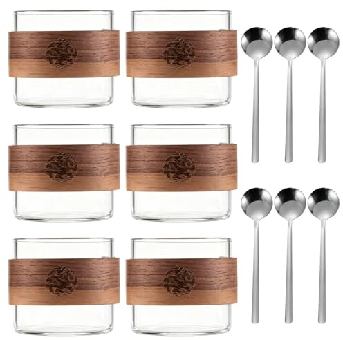 HEUIOP 6 PCS Espresso Cups with Wooden Ring High Borosilicate Small Expresso Coffee Cup Clear Handleless Handmade Expresso Shot Mug with Spoon 150 ml