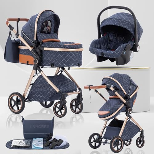Lnhcrbs Cochecito Bebe 3 Piezas con portabebés, Sistema de Viaje's portabebés es Plegable,Carrito de Bebé Mang es Ajustable, las Ruedas son de Material PU,para 0-3 Años,Azul