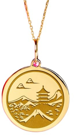 WORLD WIDE GEMS Collar con colgante de moneda tradicional japonesa grabada de 24 mm con cadena tipo cable de 45 cm | Plata de ley chapada en oro | Joyería de regalo unisex | WW_PNDN_1680