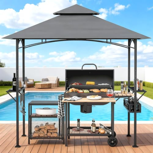 Verdego Gazebo per barbecue, 244 x 151 x 251 cm, con doppio tetto, ripiano laterale, ganci, cestello in metallo, tenda da barbecue resistente alle intemperie e invernale, ignifugo, capanno barbecue