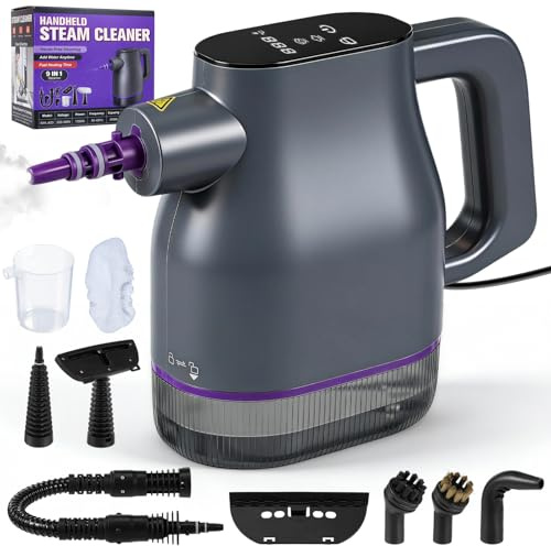 1350W Handheld Steam Cleaner 15s Rapid Heating to 130°C with Touchscreen & Safety Lock 400ml High Pressure Chemical-Free Cleaner 9 Accessories for Car, Sofa, Floor, Bathroom, Tile, Window