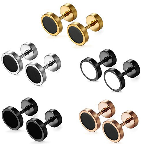 Aroncent Herren Damen Ohrstecker Ohrringe: 5 Paare Edelstahl Ohrschmuck Fake Plug Fakeplugs Tunnel 8mm Silber Schwarz Gold Rose Gold