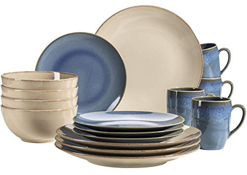 MÄSER 931872 Serie Ossia, Geschirr-Set für 4 Personen im mediterranen Vintage-Look, 16-teiliges Kombiservice in Blau und Sand-Grau, Keramik, Sandgrau/Hellblau