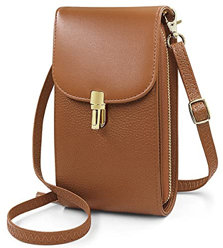 REETEE Damen Handy Umhängetasche Echtes Leder Geldbörse Damen Handytasche zum Umhängen Damen Schultertasche Crossbody kleine Handy Tasche Kreditkarten Frauen Brieftasche (braun)