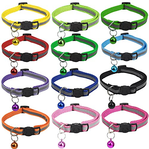 12 Stück Reflektierende Katzenhalsband mit Halsband Katze mit Sicherheitsverschluss Haustierhalsband mit Glocke Verstellbare Katzenhalsbänder Welpenhalsbänder Katzen halsbänder Verstellbar 19–32cm