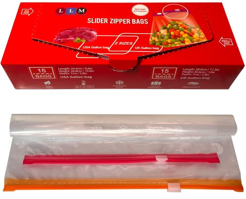 LLM Premium Food Storage Bags - Large Slider Ziplock, Heavy-Duty Plastic, Stand and Fill Expandable Bottom, BPA FREE - 30 Bags (ONE UK + USA GALLON)