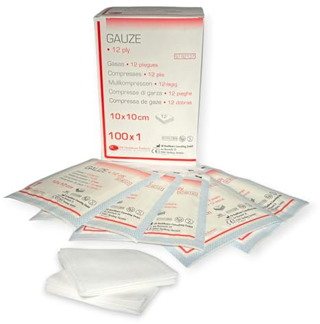 DE Healthcare Products – Mullkompressen (100 Stück), 10 × 10 cm, sterile Wundauflagen, einzeln verpackt, 12-fach gelegtes Wundmaterial