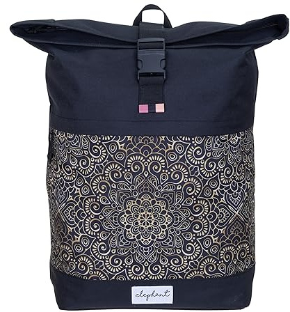 Elephant Rucksack Damen Mädchen Freizeitrucksack Sport Reise Schule DIN A4 Roll-Top mit Laptopfach Geheimfach Anti-Theft Daypack Large Flower 13038 (black ethno)